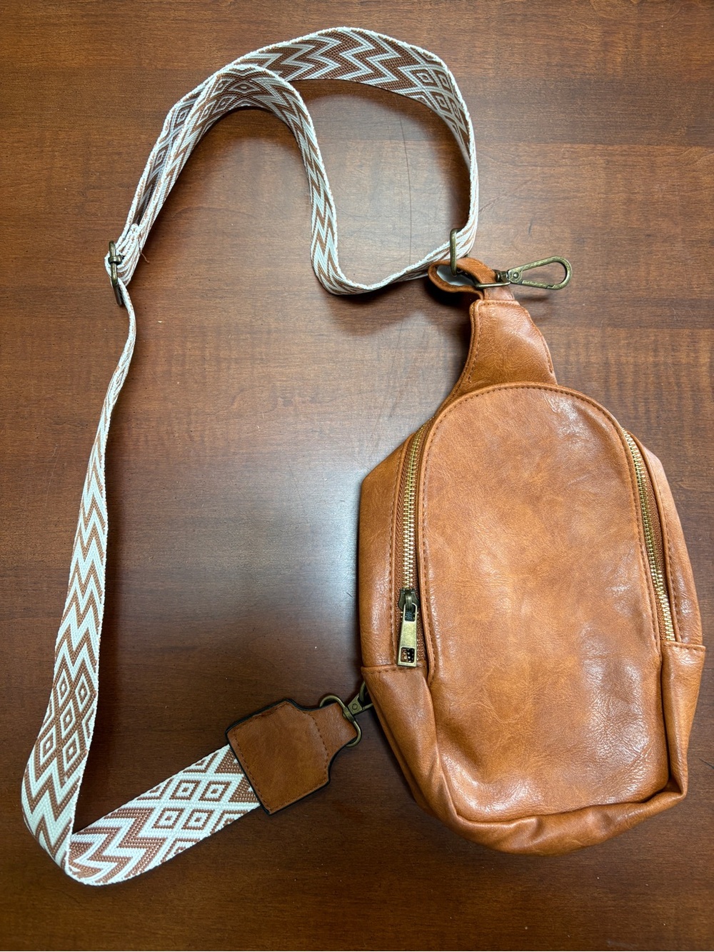 NWOT Tan Faux Leather Crossbody Sling Bag with Patterned Strap